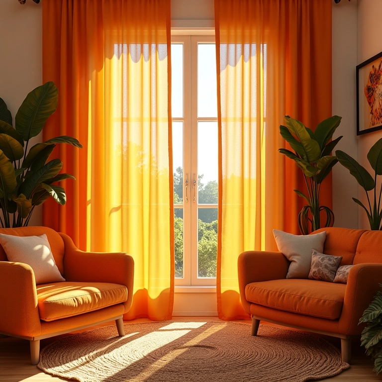 Sala de estar iluminada com cortinas estilosas, decoração brasileira aconchegante e cores vibrantes.