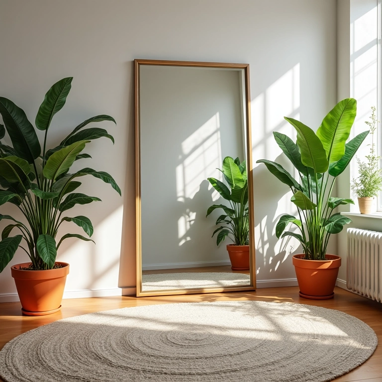 Sala de estar iluminada com espelho amplo criando ilusão de espaço e luz.