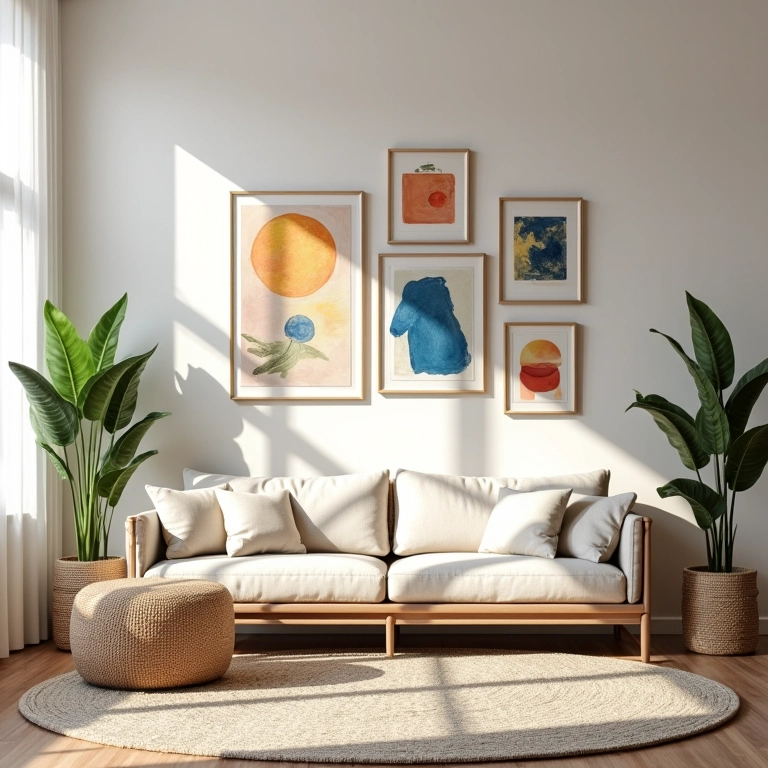 Sala de estar iluminada com parede de quadros variados.