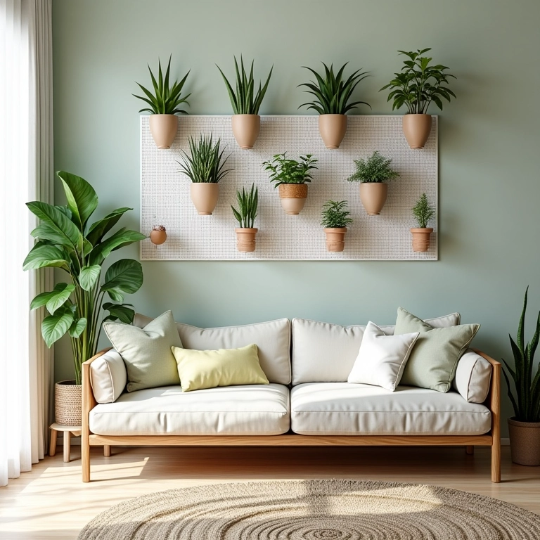 Sala de estar iluminada com plantas expostas em um painel de eucatex na parede.