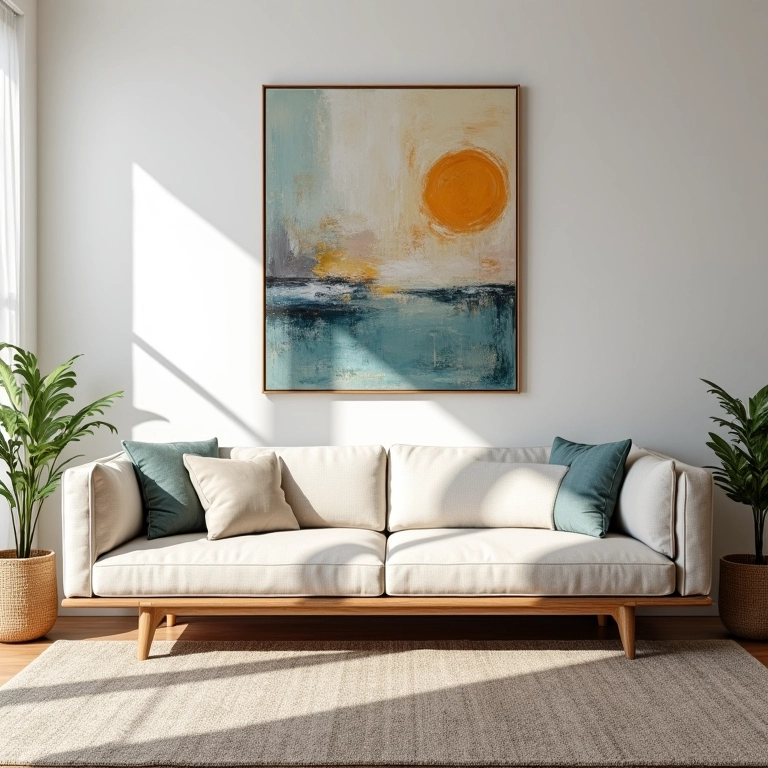 Sala de estar iluminada com quadro grande abstrato sobre sofá moderno, design brasileiro.