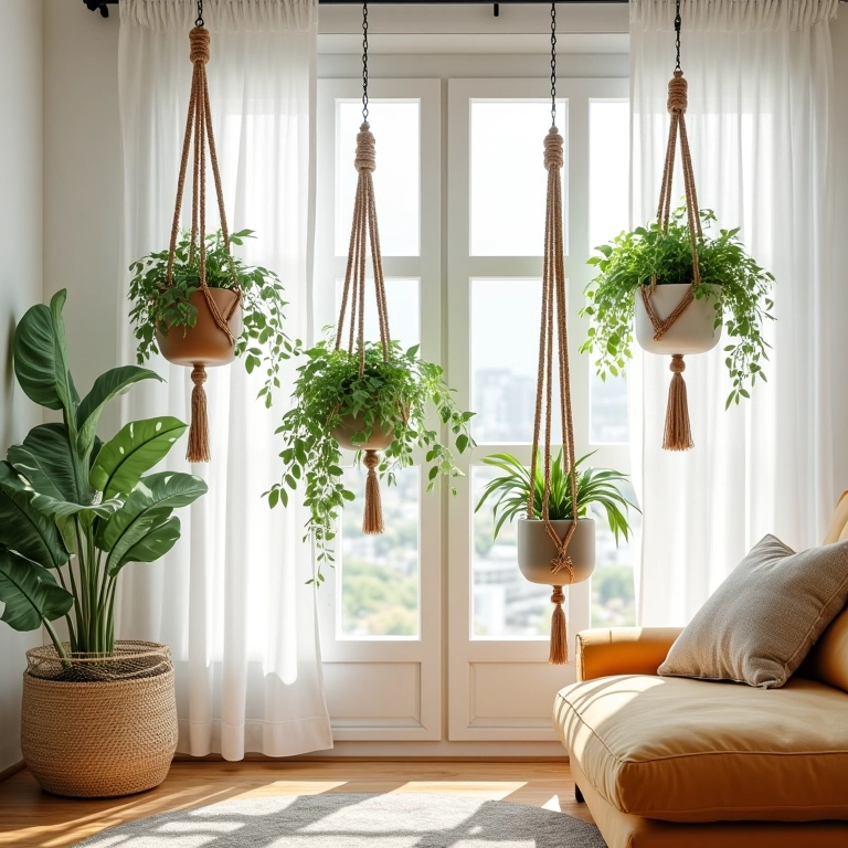 Sala de estar iluminada com suportes de plantas em macramê e decoração brasileira colorida.