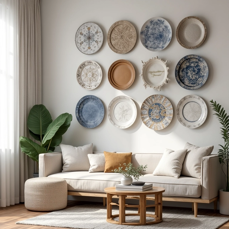 Sala de estar inspiradora com galeria de parede de pratos.