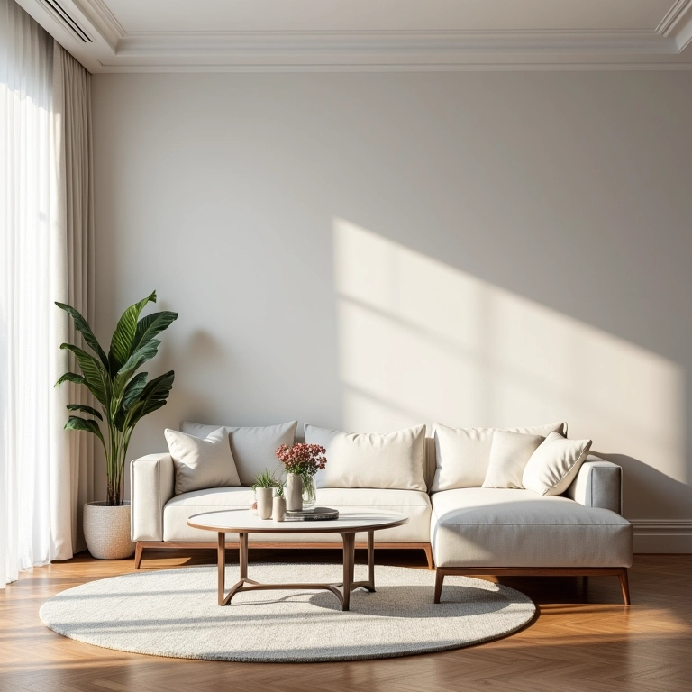 Sala de estar minimalista com móveis clássicos e cores neutras, destacando seu estilo atemporal.