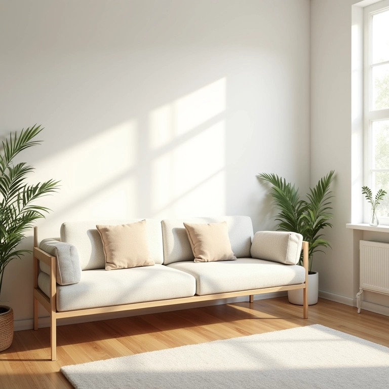 Sala de estar minimalista e luminosa com decoração clean e aconchegante.