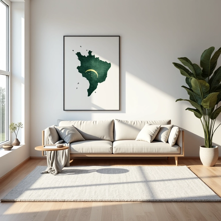 Sala de estar moderna com tapete minimalista e arte brasileira.