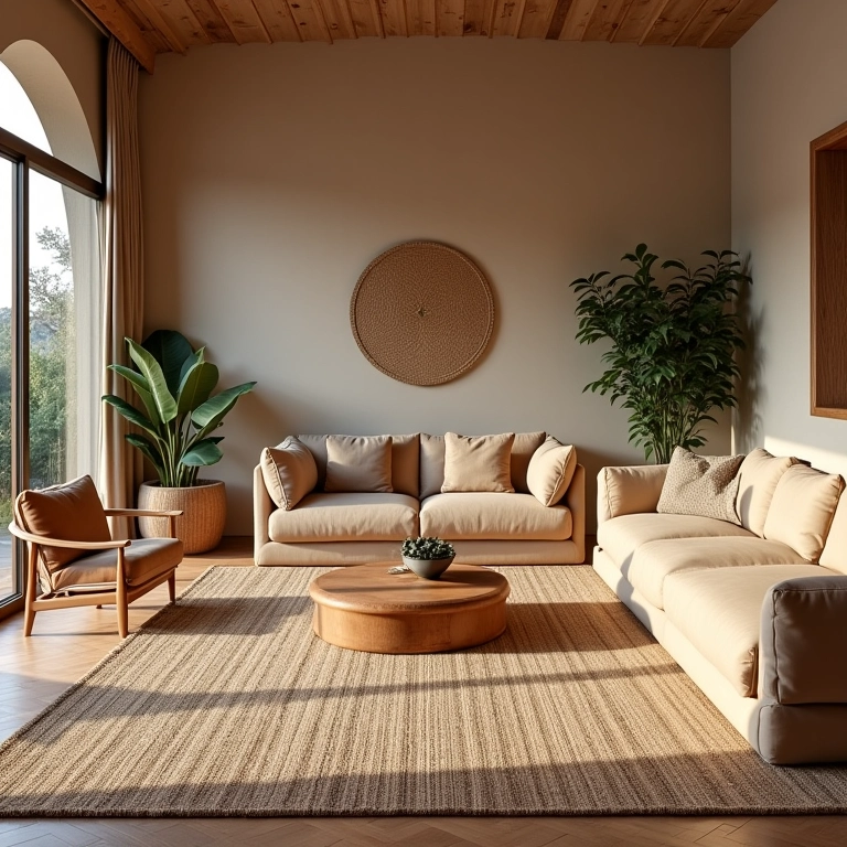 Sala de estar mostrando como combinar tapete de fibra natural com decoração brasileira.