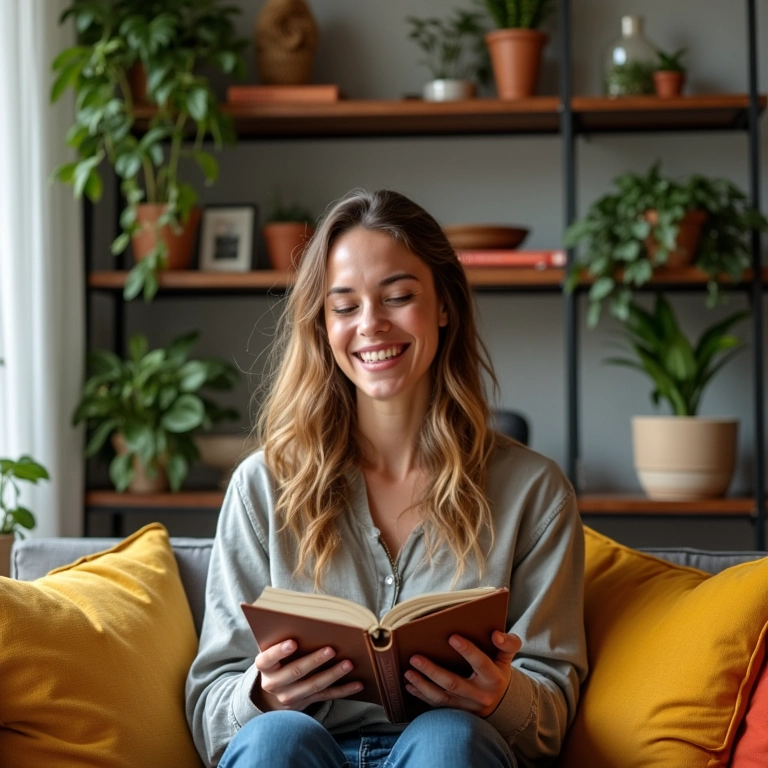 Sala de estar organizada com mulher sorrindo, promovendo melhora do humor.