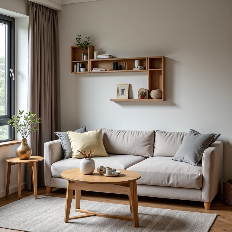 Sala de estar pequena com móveis multifuncionais para otimizar o espaço.