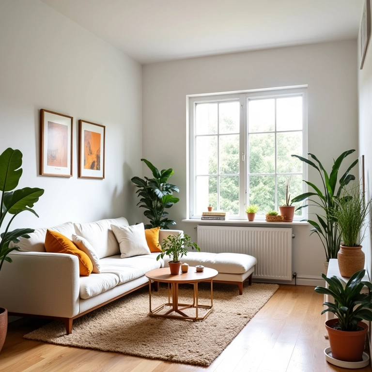 Sala de estar pequena e iluminada com paredes brancas e toques de cor, design brasileiro e luz natural.