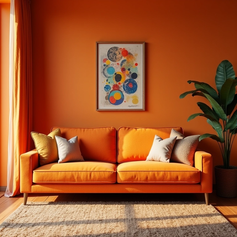 Sala de estar pequena em tons de laranja, com sofá confortável e iluminação natural.