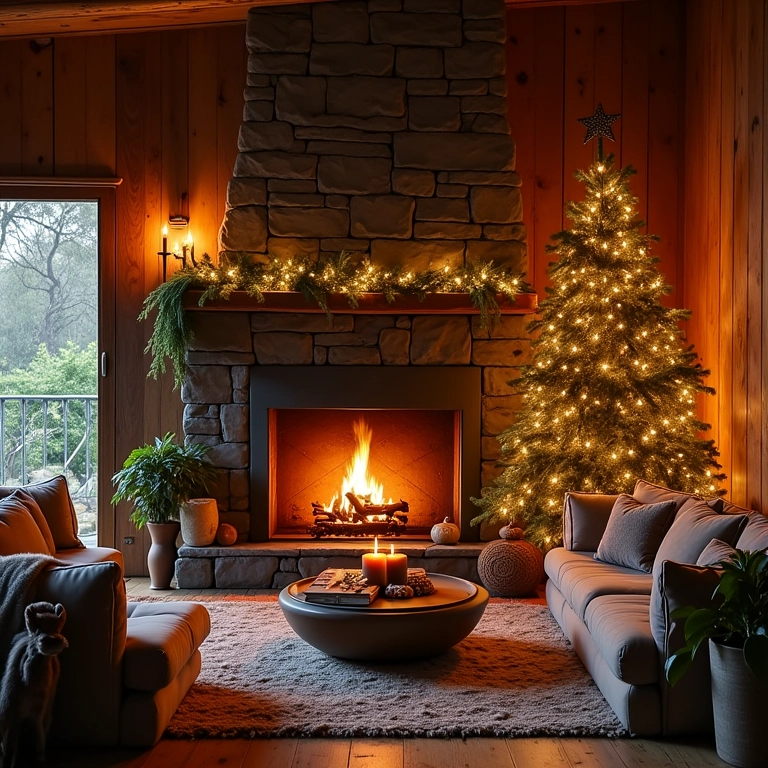 Sala de estar rústica com decoração natalina e lareira aconchegante.