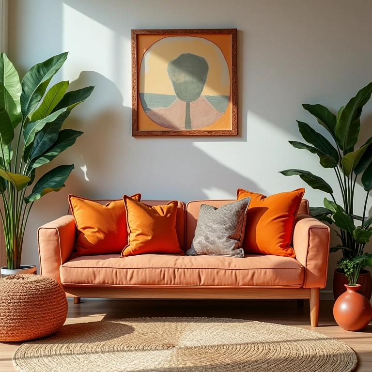 Sala de estar vibrante com objetos de decoração brasileiros, estilo Farm Rio.