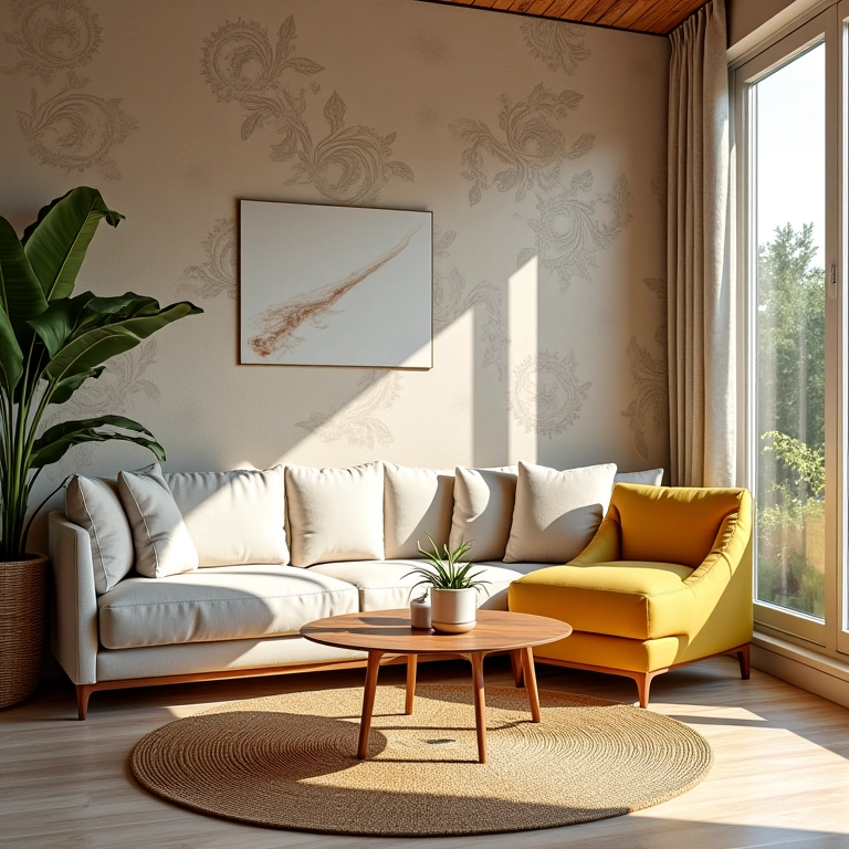 Sala de estar vibrante com papel de parede estampado e móveis de design brasileiro.