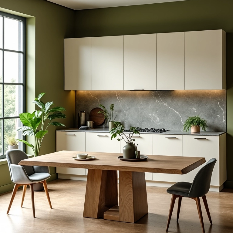 Sala de jantar com armários marfim e detalhes verde oliva, sofisticada e natural.