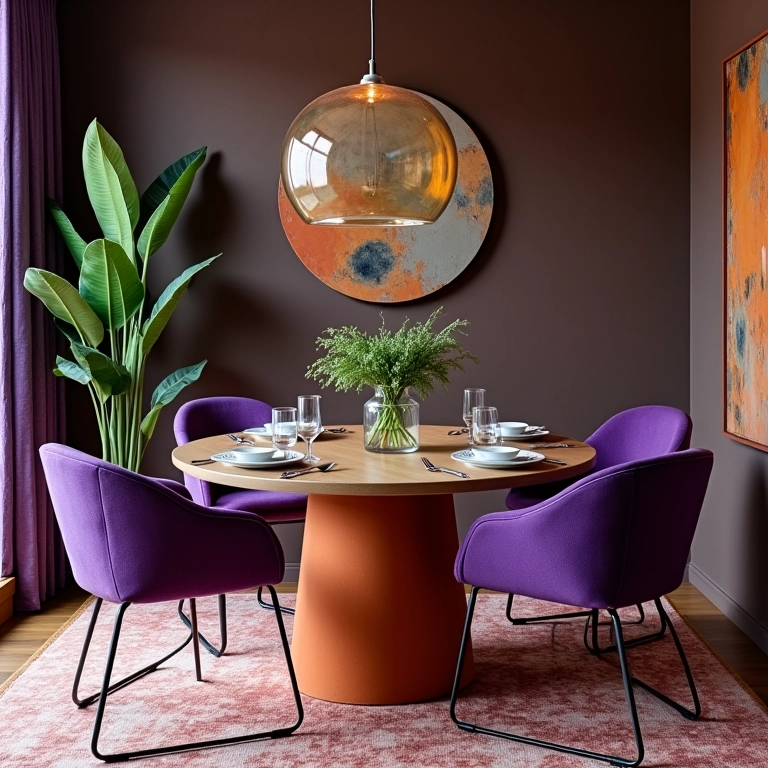 Sala de jantar com detalhes em roxo, verde e laranja.