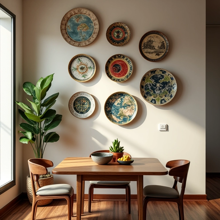 Sala de jantar com pratos decorativos temáticos na parede.