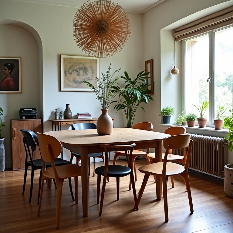 Sala de jantar eclética com cadeiras diferentes e mesa de madeira.
