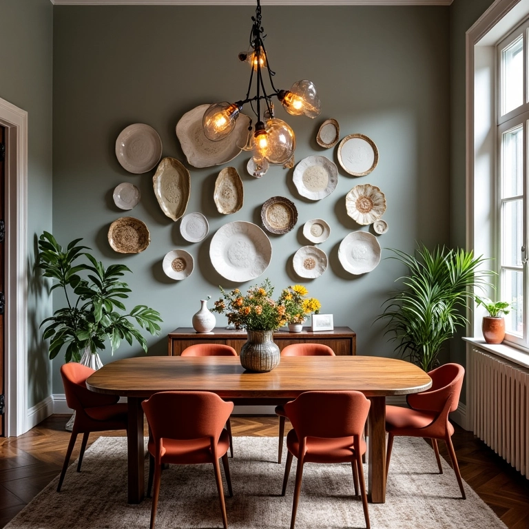 Sala de jantar eclética com parede de pratos decorativos.