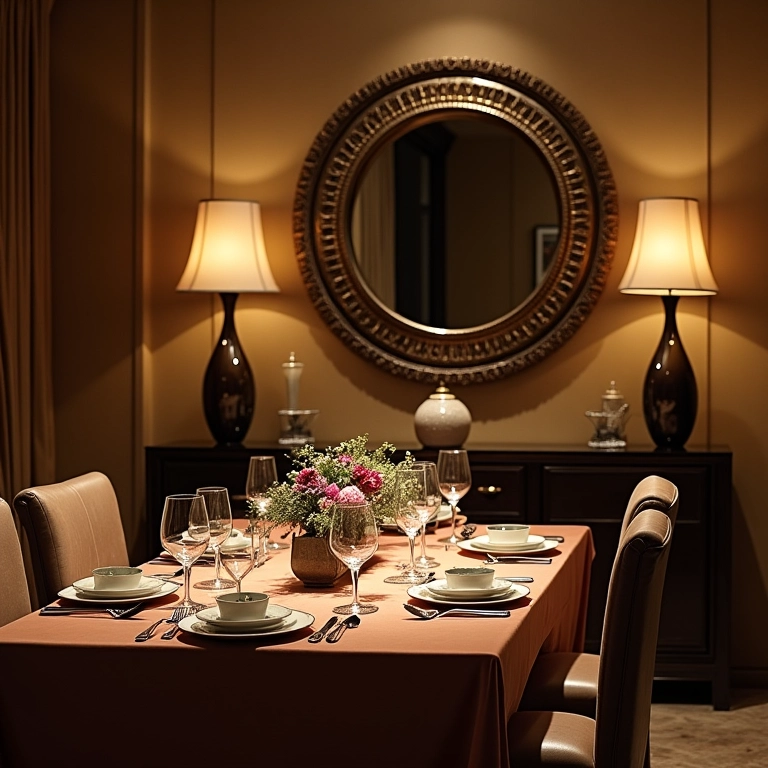 Sala de jantar elegante com espelho decorativo realçando o ambiente e refletindo a mesa.