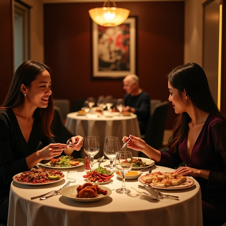 Sala de jantar elegante do Palácio Tang, com um casal desfrutando de uma refeição sofisticada.