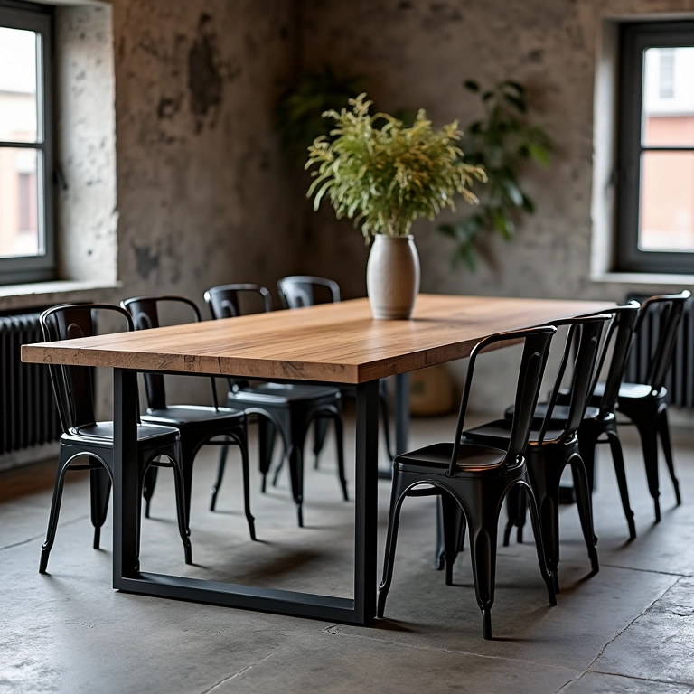 Sala de jantar em estilo industrial com mesa de metal e madeira.