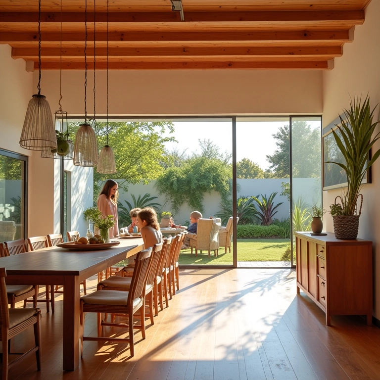 Sala de jantar integrada e moderna com estilo brasileiro vibrante.