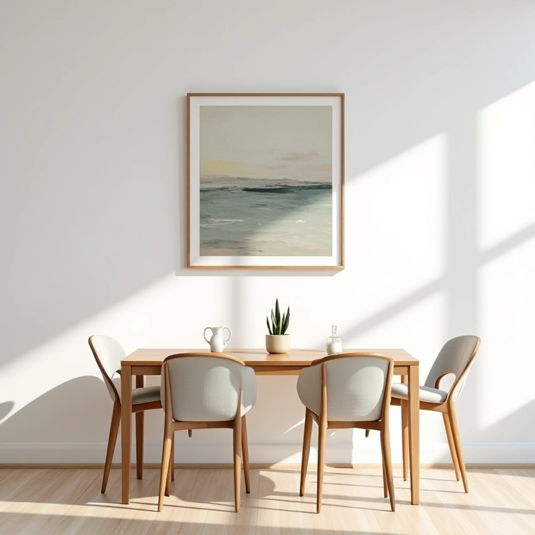 Sala de jantar pequena com cores claras para ampliar o espaço.