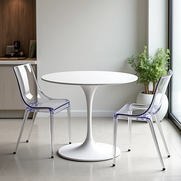 Sala de jantar pequena com mesa redonda e cadeiras transparentes.