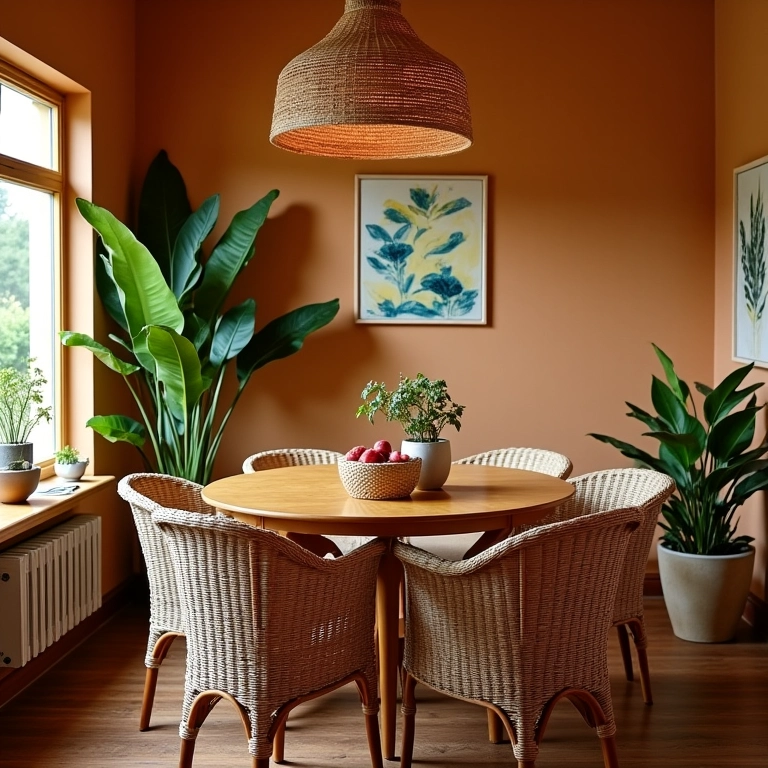 Sala de jantar pequena e aconchegante com decoração brasileira colorida.