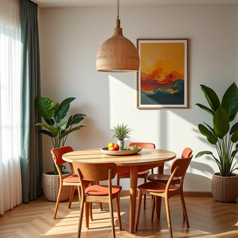 Sala de jantar pequena e moderna com mesa redonda e decoração brasileira vibrante.