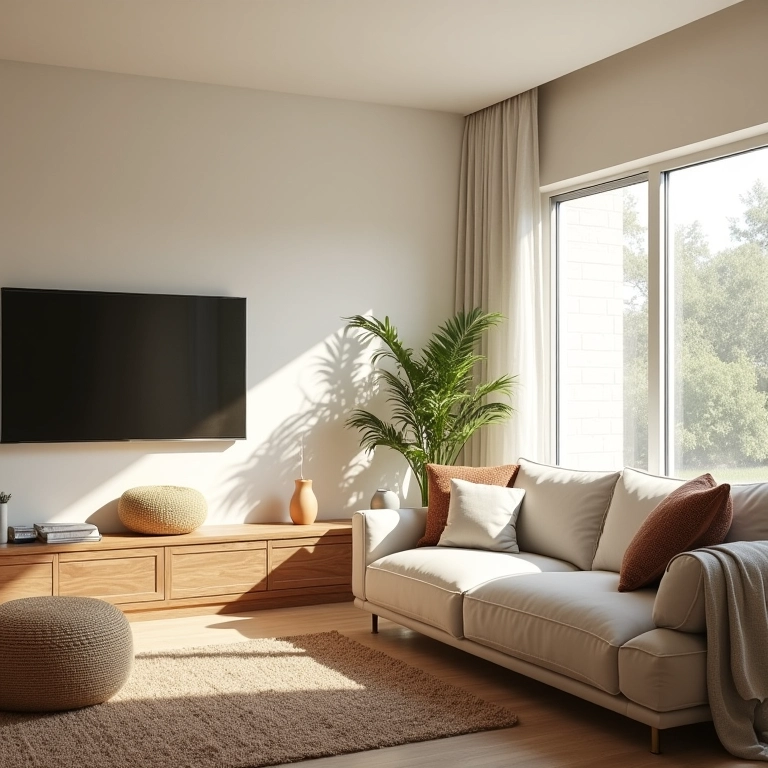 Sala de TV aconchegante com sofá grande e decoração vibrante em estilo Farm Rio.