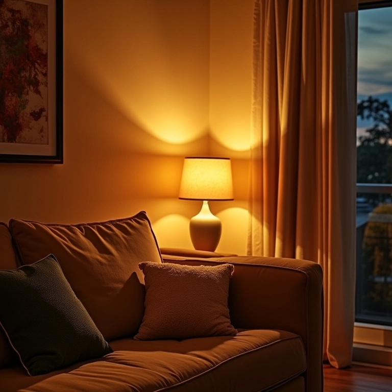 Sala de TV com iluminação indireta e aconchegante, ideal para relaxar.