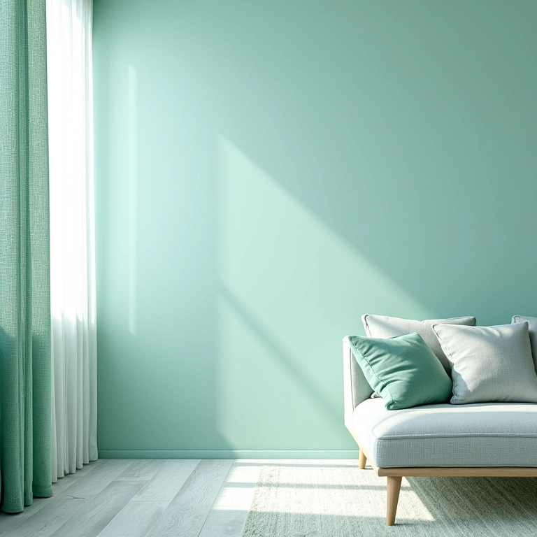 Sala de TV com paleta de cores relaxantes em tons de azul e verde.