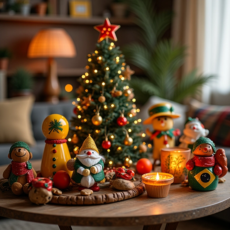 Sala decorada com enfeites natalinos criativos e temáticos.