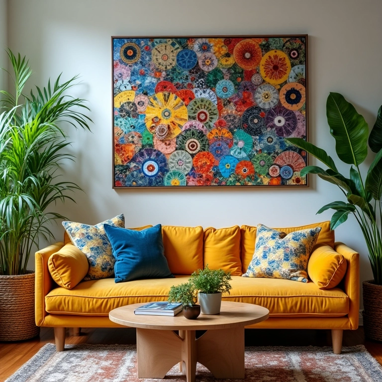 Sala decorada com mosaicos de CD, com design brasileiro e plantas.