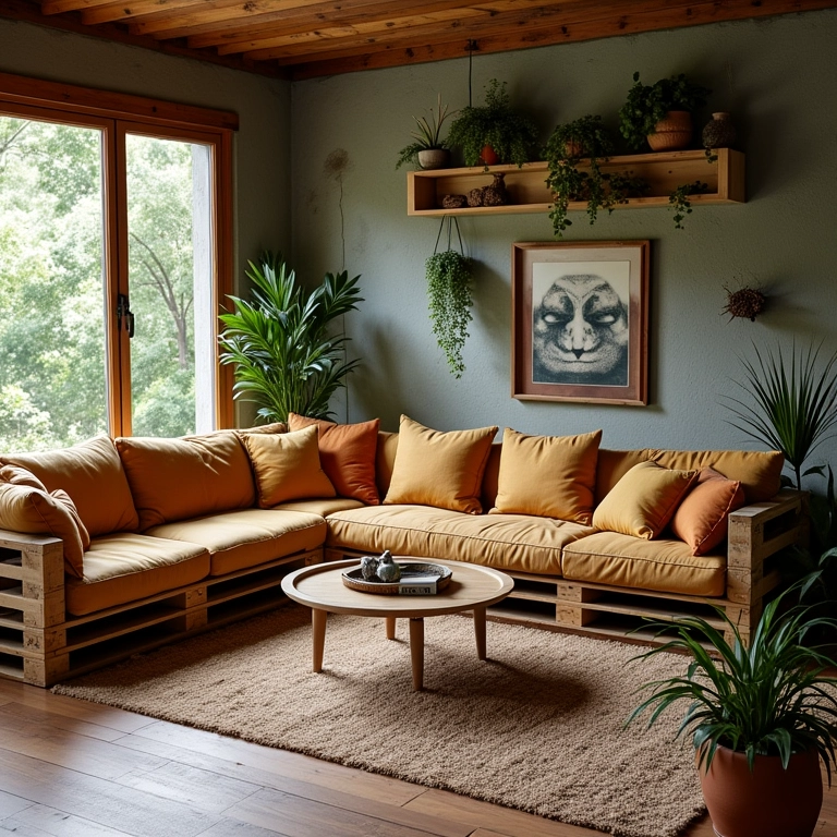 Sala decorada com móveis de pallet e plantas.