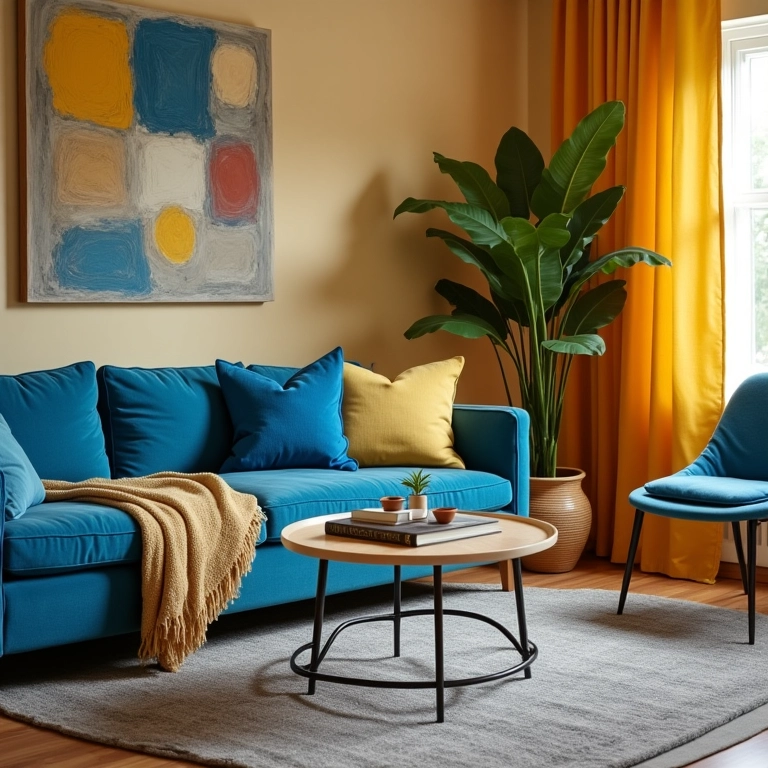 Sala decorada com paleta de cores harmoniosa e objetos bem combinados.