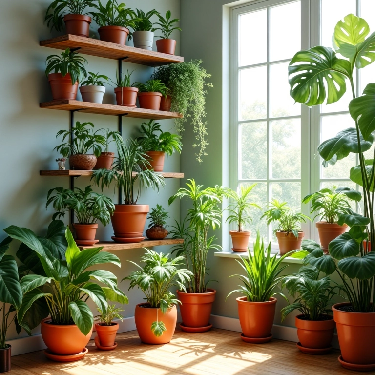Sala decorada com plantas e luz natural.