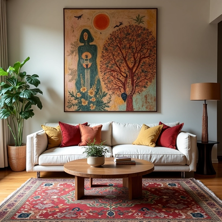 Sala eclética com quadros que refletem o estilo pessoal.