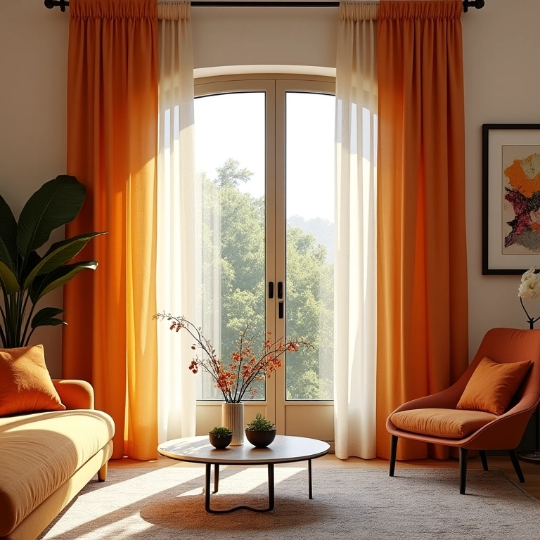 Sala elegante com cortinas de linho, luz natural e cores vibrantes.