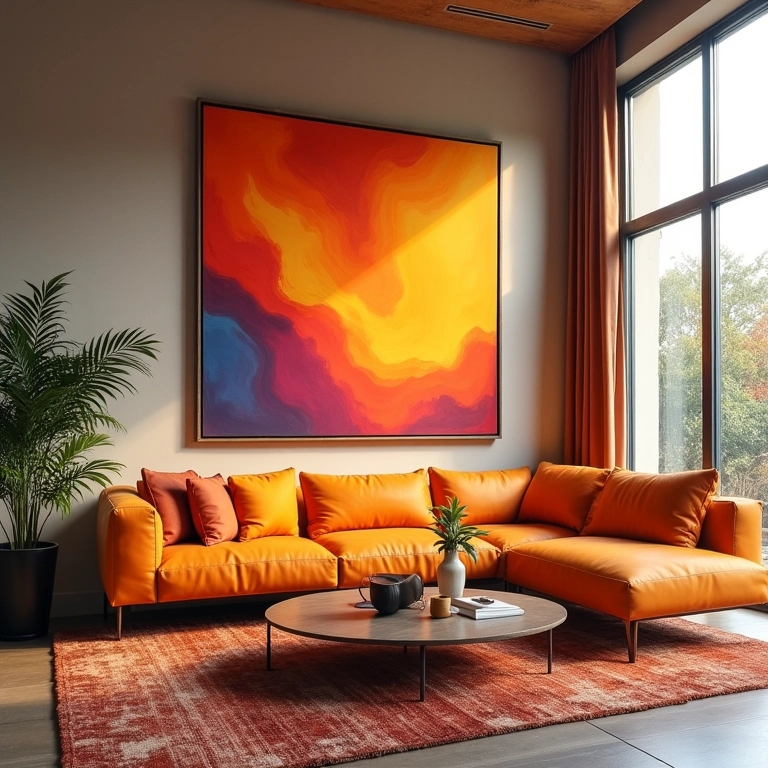 Sala energética com quadro grande em cores quentes e móveis vibrantes.