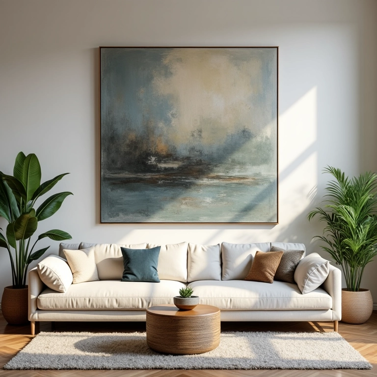 Sala espaçosa com quadro grande centralizado na parede, proporcional ao sofá.