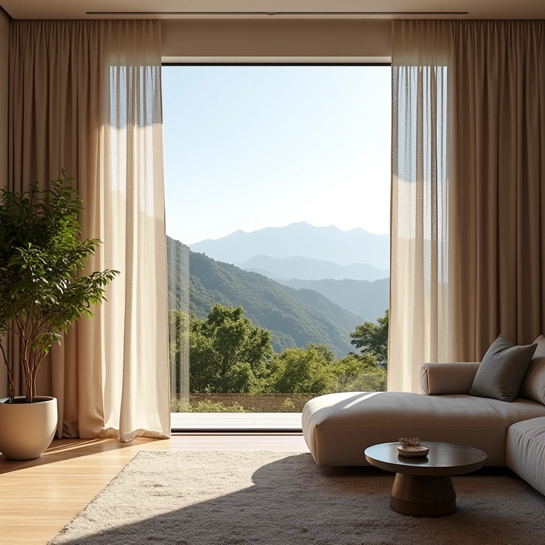 Sala grande com cortinas de linho do chão ao teto e vista para a paisagem brasileira.