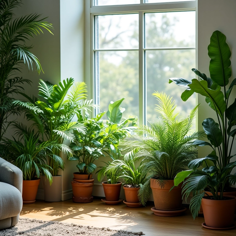 Sala iluminada com diversas plantas, como samambaias e jiboias.