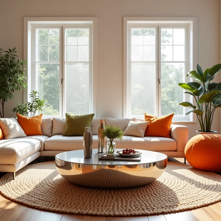 Sala iluminada com mesa espelhada, ampliando o espaço e com decoração vibrante.