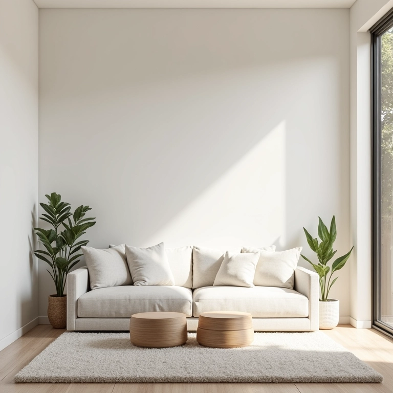 Sala minimalista com decoração simples, cores claras e espaço organizado.