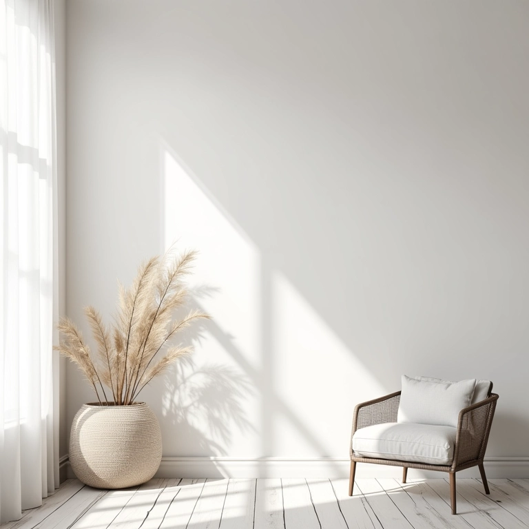 Sala minimalista com papel de parede simples e elegante, com linhas limpas.