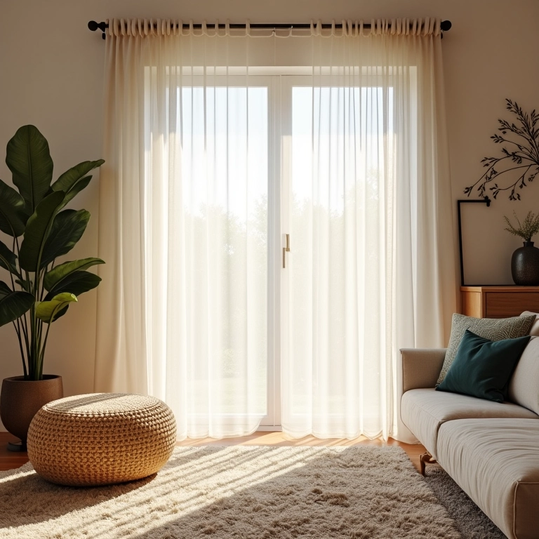 Sala moderna com cortinas translúcidas que oferecem privacidade e luz difusa, com decoração brasileira.