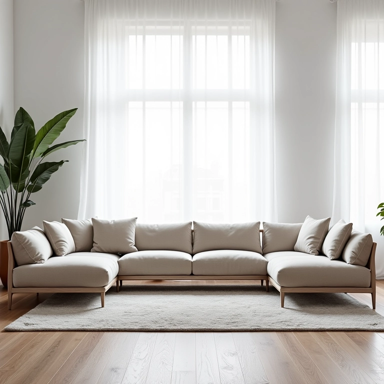 Sala moderna com diferentes formatos de sofás.